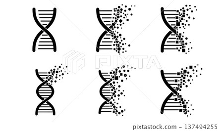 Black Solid Dissolving DNA Pixel Silhouettes Set of Six on White Background 137494255