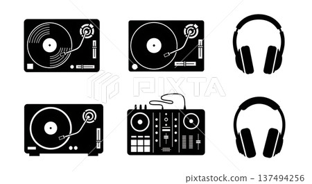 Black Solid DJ Equipment Silhouettes Set of Six on White Background 137494256