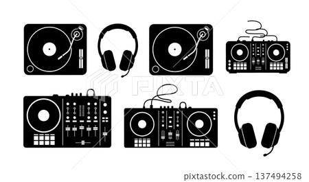 Black Solid DJ Equipment Silhouettes Set of Six on White Background 137494258