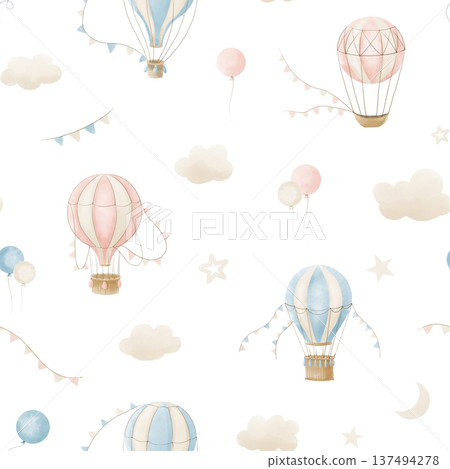 Air Balloon watercolor seamless Pattern in pastel blue and pink colors kids bed linen or nursery wallpaper. Illustration of childish backdrop with airships and clouds for baby shower invitations. 137494278