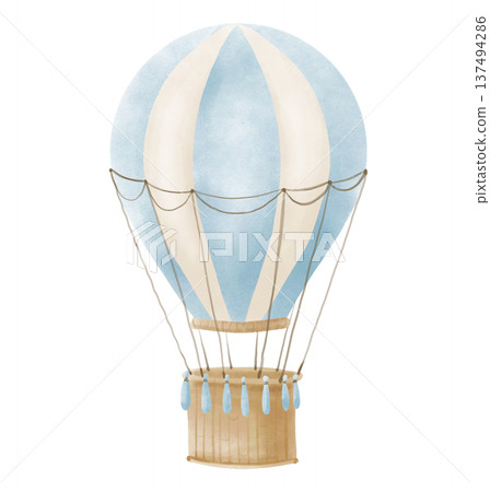 Blue hot air Balloon watercolor illustration in pastel colors for Baby shower invitations or childish greeting cards. Drawing of vintage Aerostat for nursery posters or clipart. Art for kids. 137494286