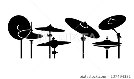 Black Solid Drum Cymbal Silhouettes Set of Six on White Background 137494321