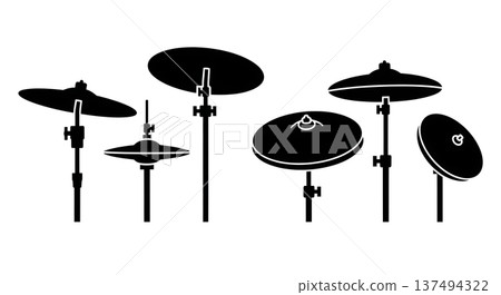 Black Solid Drum Cymbal Silhouettes Set of Six on White Background 137494322