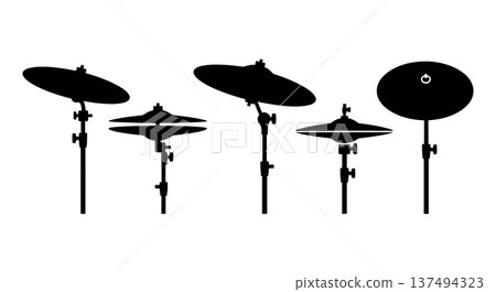 Black Solid Drum Cymbal Silhouettes Set of Six on White Background Black Solid Drum Cymbal Silhouettes Set of Six on White Background 137494323