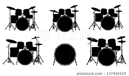Black Solid Drum Set Silhouettes Set of Six on White Background Black Solid Drum Set Silhouettes Set of Six on White Background 137494328