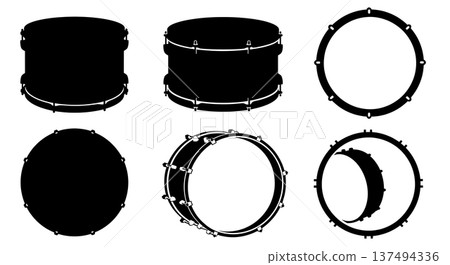 Black Solid Drum Shell Silhouettes Set of Six on White Background 137494336