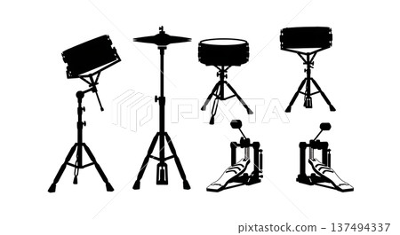 Black Solid Drum Hardware Silhouettes Set of Six on White Background 137494337