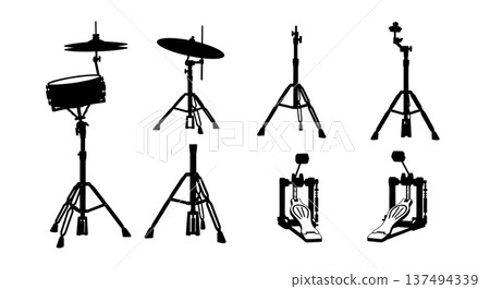 Black Solid Drum Hardware Silhouettes Set of Six on White Background 137494339