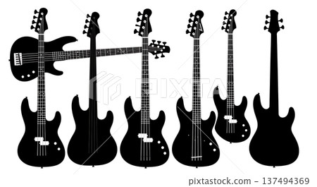 Black Solid Bass Guitar Silhouettes Set of Six on White Background Black Solid Bass Guitar Silhouettes Set of Six on White Background 137494369