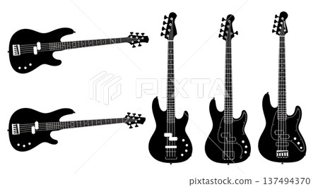 Black Solid Bass Guitar Silhouettes Set of Six on White Background 137494370