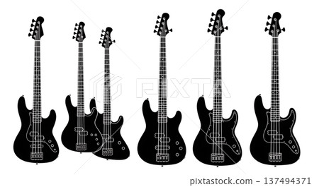 Black Solid Bass Guitar Silhouettes Set of Six on White Background 137494371