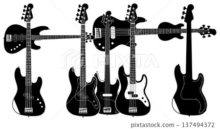 Black Solid Bass Guitar Silhouettes Set of Six on White Background Black Solid Bass Guitar Silhouettes Set of Six on White Background 137494372