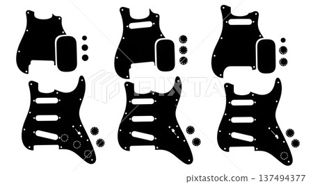 Black Solid Guitar Hardware Silhouettes Set of Six on White Background 137494377