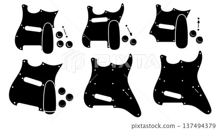 Black Solid Guitar Hardware Silhouettes Set of Six on White Background Black Solid Guitar Hardware Silhouettes Set of Six on White Background 137494379