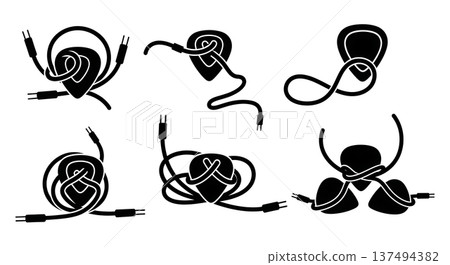 Black Solid Guitar Pick Cable Set of Six on White Background Black Solid Guitar Pick Cable Set of Six on White Background 137494382