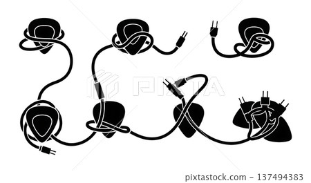 Black Solid Guitar Pick Cable Set of Six on White Background Black Solid Guitar Pick Cable Set of Six on White Background 137494383