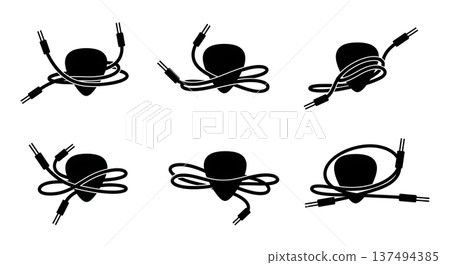 Black Solid Guitar Pick Cable Set of Six on White Background Black Solid Guitar Pick Cable Set of Six on White Background 137494385