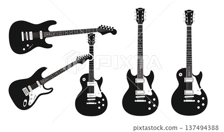 Black Solid Electric Guitar Silhouettes Set of Six on White Background Black Solid Electric Guitar Silhouettes Set of Six on White Background 137494388