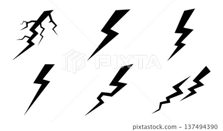 Black Solid Lightning Fork Silhouettes Set of Six on White Background Black Solid Lightning Fork Silhouettes Set of Six on White Background 137494390