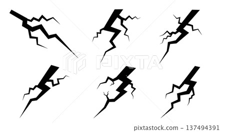 Black Solid Lightning Fork Silhouettes Set of Six on White Background Black Solid Lightning Fork Silhouettes Set of Six on White Background 137494391