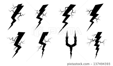 Black Solid Lightning Fork Silhouettes Set of Six on White Background 137494393