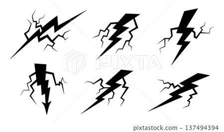 Black Solid Lightning Spark Silhouettes Set of Six on White Background Black Solid Lightning Spark Silhouettes Set of Six on White Background 137494394