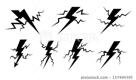 Black Solid Lightning Spark Silhouettes Set of Six on White Background Black Solid Lightning Spark Silhouettes Set of Six on White Background 137494395