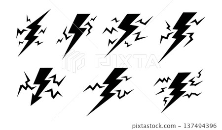 Black Solid Lightning Spark Silhouettes Set of Six on White Background Black Solid Lightning Spark Silhouettes Set of Six on White Background 137494396