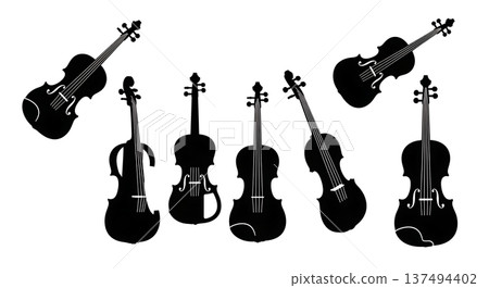 Black Solid Electric Violin Silhouettes Set of Six on White Background 137494402