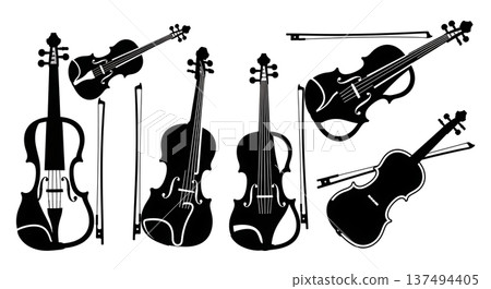 Black Solid Electric Violin Silhouettes Set of Six on White Background Black Solid Electric Violin Silhouettes Set of Six on White Background 137494405
