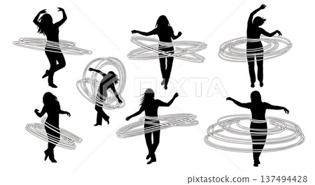Black Solid Energetic Hula Hoop Silhouettes Set of Six on White Background 137494428