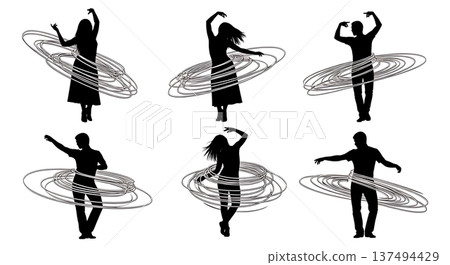 Black Solid Energetic Hula Hoop Silhouettes Set of Six on White Background Black Solid Energetic Hula Hoop Silhouettes Set of Six on White Background 137494429
