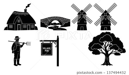 Black Solid Historical English Village Silhouettes Set of Six on White Background 137494432