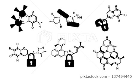 Black Solid Enzyme Substrate Silhouettes Set of Six on White Background 137494440