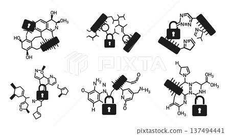 Black Solid Enzyme Substrate Silhouettes Set of Six on White Background 137494441