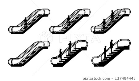 Black Solid Escalator Light Silhouettes Set of Six on White Background 137494445