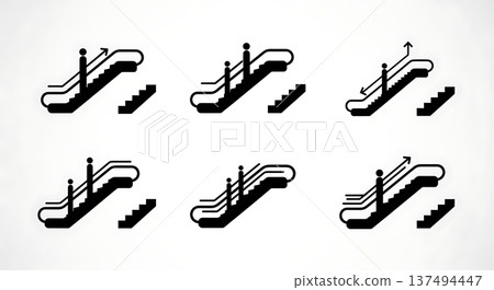 Black Solid Escalator Light Silhouettes Set of Six on White Background Black Solid Escalator Light Silhouettes Set of Six on White Background 137494447