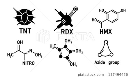 Black Solid Explosive Molecular Silhouettes Set of Six on White Background 137494456