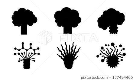 Black Solid Explosive Molecular Silhouettes Set of Six on White Background Black Solid Explosive Molecular Silhouettes Set of Six on White Background 137494460