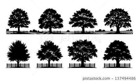 Black Solid Farm Oak Tree Silhouettes Set of Six Black Solid Farm Oak Tree Silhouettes Set of Six 137494486