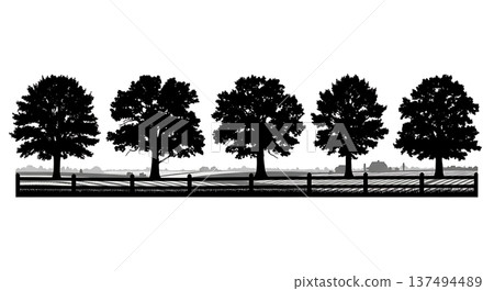 Black Solid Farm Oak Tree Silhouettes Set of Six 137494489