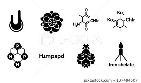 Black Solid Fertilizer Molecular Silhouettes Set of Six on White Background 137494507
