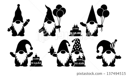 Black Solid Festive Party Gnome Silhouettes Set of Six on White Background Black Solid Festive Party Gnome Silhouettes Set of Six on White Background 137494515