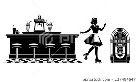 Black Solid 1950s Soda Shop Silhouettes Set of Six on White Background Black Solid 1950s Soda Shop Silhouettes Set of Six on White Background 137494647