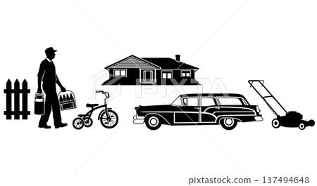 Black Solid 1950s Suburban Life Silhouettes Set of Six on White Background 137494648