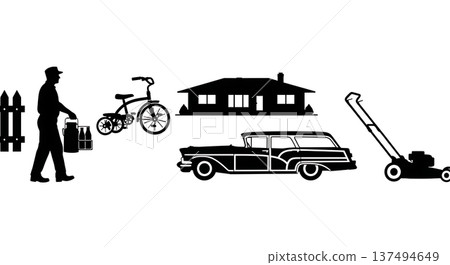 Black Solid 1950s Suburban Life Silhouettes Set of Six on White Background 137494649