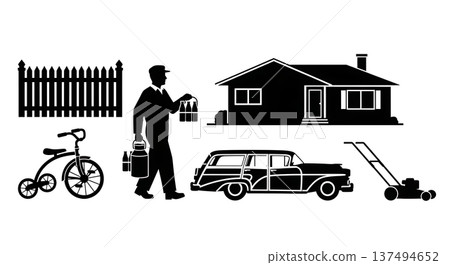 Black Solid 1950s Suburban Life Silhouettes Set of Six on White Background Black Solid 1950s Suburban Life Silhouettes Set of Six on White Background 137494652