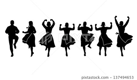 Black Solid Finnish Jenkka Dance Silhouettes Set of Six on White Background 137494653