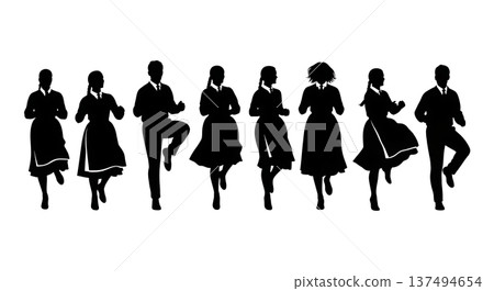 Black Solid Finnish Jenkka Dance Silhouettes Set of Six on White Background 137494654