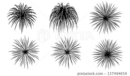Black Solid Firework Explosion Streak Silhouettes Set of Six on White Background Black Solid Firework Explosion Streak Silhouettes Set of Six on White Background 137494659